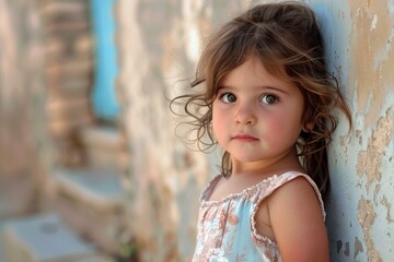 Wall Mural - Portrait of a young girl with expressive eyes resting against a rustic wall