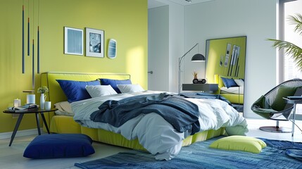 chic bedroom with lemon-lime walls, cobalt blue accessories, and modern furnishings to create a youthful and vibrant space