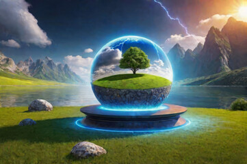 Wall Mural - A fabulous landscape with a magic ball and an electric discharge.
