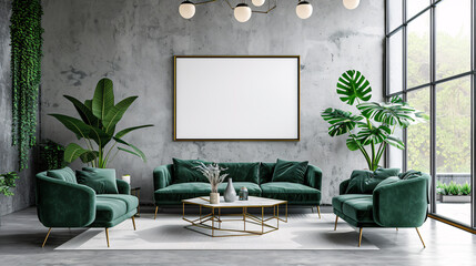 Sticker - Modern living room with green plants and stylish furniture, blank white wall, and wooden floor