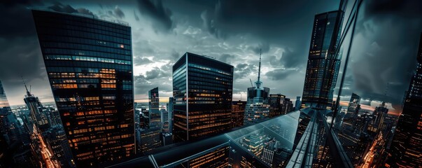 Wall Mural - Dramatic cityscape view with tall skyscrapers under a moody, cloudy sky, reflecting the urban nightlife and energy of the city.