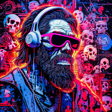 A man with a beard and sunglasses is wearing headphones and smiling