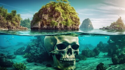 Wall Mural - A split view image showing tropical islets above and a vibrant underwater scene below the surface of the ocean