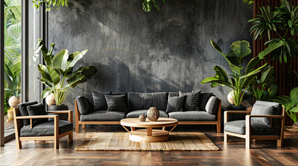 Wall Mural - Modern living room with green plants and stylish furniture, blank white wall, and wooden floor