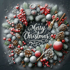 Wall Mural - A traditional Christmas wreath adorned with colorful decorations and a joyful message of Merry Christmas in the center