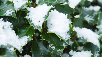 Wall Mural - A close-up of snow-covered holly leaves with ample space for text