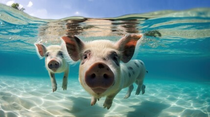 Underwater view of two cute pigs swimming in crystal clear blue waters, possibly in the Bahamas