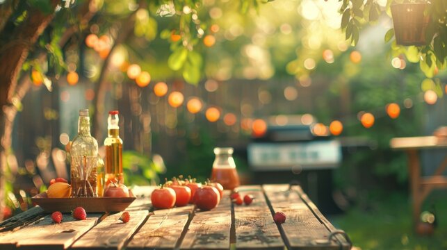 A table with bottles of oil and a bottle of wine, and a bowl of tomatoes