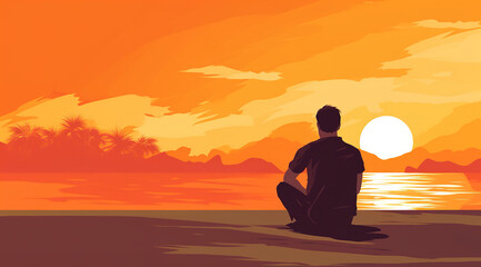 sad man sitting on the beach, orange background, a simple flat illustration style, bright colors