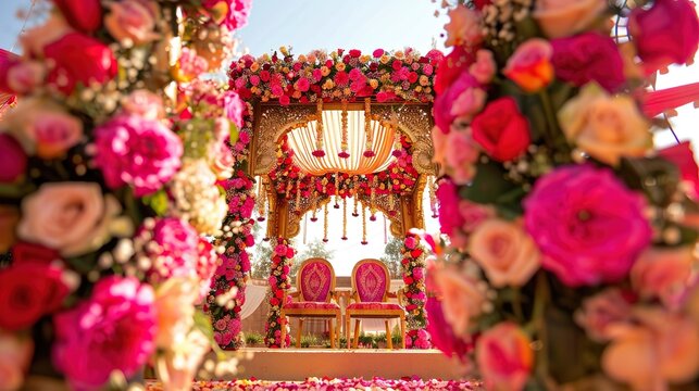 A Hindu wedding mandap. The mandap is decorated with pink and red flowers, and there are two chairs inside it. 