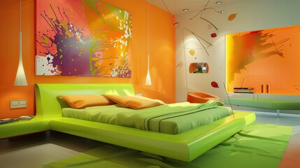 Wall Mural - sleek and modern bedroom with walls painted in a bright orange, a minimalistic bed in lime green, and abstract wall art featuring splashes of bright colors