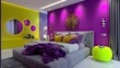 © Aeman - vibrant bedroom design with bright purple walls, a sleek grey bed, and neon yellow decorative elements for a striking, modern look