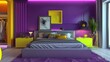 © Aeman - vibrant bedroom design with bright purple walls, a sleek grey bed, and neon yellow decorative elements for a striking, modern look