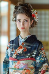 Poster - Portrait of a beautiful young woman in a kimono