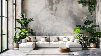 Wall Mural - Spacious living room with a white sofa, green plants, and wooden furniture, modern design