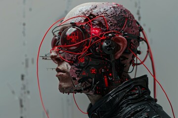 Canvas Print - Closeup portrait of a futuristic cybernetic humanoid with glowing red artificial intelligence technology. Showcasing advanced mechanical automation and innovative bionic enhancements