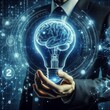 © Anastasiia - A man in a suit holds a glowing lightbulb with a brain inside, symbolizing innovative ideas and cognitive concepts, set against a digital backdrop.. AI Generation