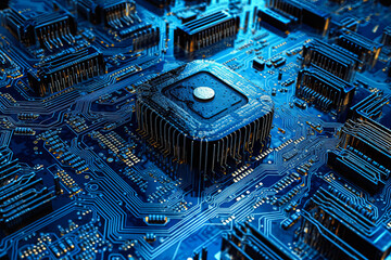 Wall Mural - A close up of a blue electronic circuit board with a small chip on it.