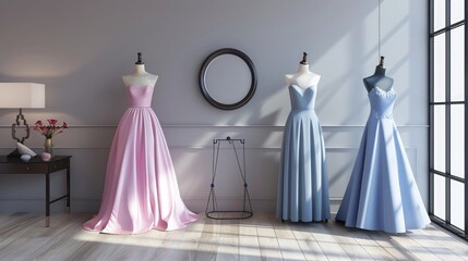 Wall Mural - 3D rendering of pink and blue evening dresses on mannequins in a modern room with a gray wall, round mirror, table lamp, and black dress hanger. The dresses are rendered