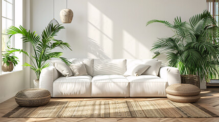 Wall Mural - Spacious living room with a white sofa, green plants, and wooden furniture, modern design