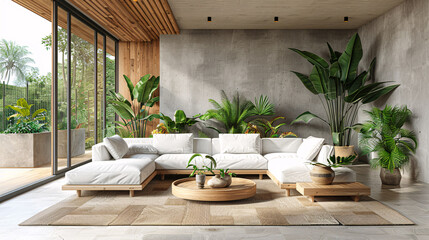 Wall Mural - Spacious living room with a white sofa, green plants, and wooden furniture, modern design