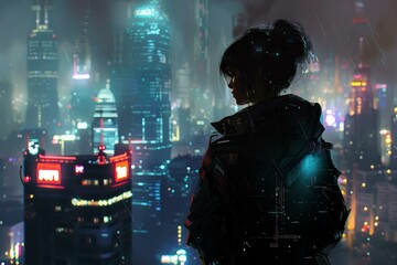 Poster - Observing the neonlit cyberpunk cityscape at night, a solitary woman stands in the rainy urban metropolis, contemplating the futuristic skyline filled with highrise buildings and glowing life