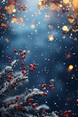 Wall Mural - christmas background with red berries and snow