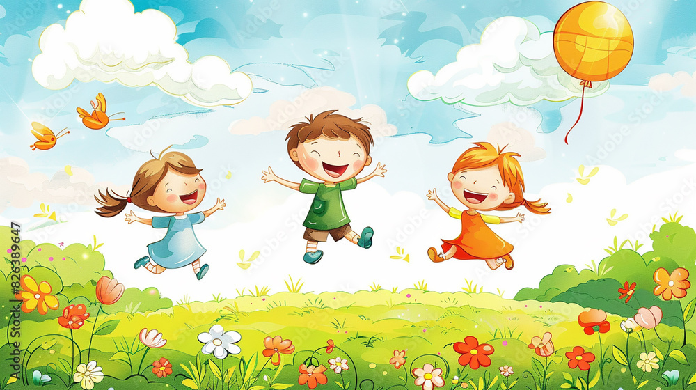 Happy kids jumping together during a sunny day Stock Photo | Adobe Stock