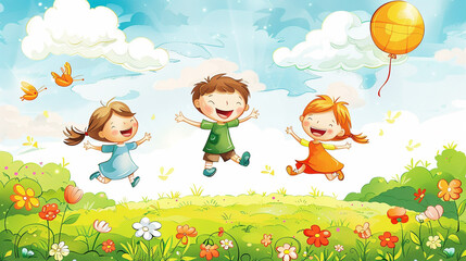 Happy kids jumping together during a sunny day