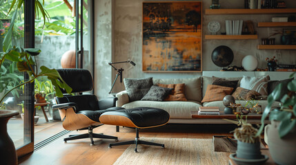 Sticker - Stylish home interior with a black chair, decorative pillows, and contemporary decor, featuring a cozy couch