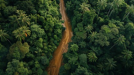 Wall Mural - bird eye view of rain forest, muddy river, road