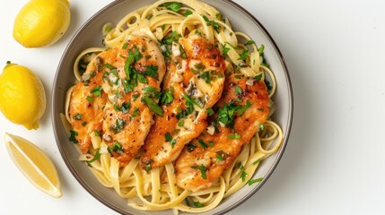 Wall Mural - Tasty chicken piccata photographed from above on a white background