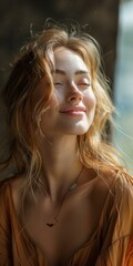 Wall Mural - portrait of a beautiful smiling blonde woman with closed eyes