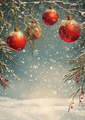 Wall Mural - christmas ornaments hanging from snow-covered pine branches