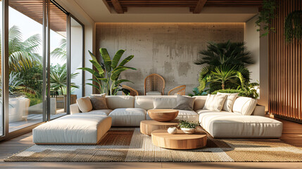 Wall Mural - Stylish living room with a green plant, black lamp, and white sofa, wooden floor