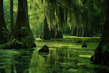 Poster - Serene swamp with sun rays piercing through mosscovered trees