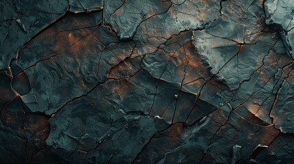 Wall Mural - A stark, high-definition image of a cracked, shattered surface interwoven with deep grunge textures, infused with metallic copper and bronze tones.