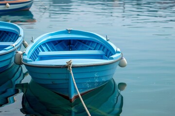 Tranquil blue rowboat floats on still water with reflections, tied with a rope