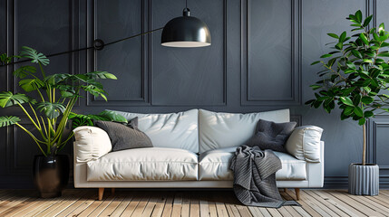 Wall Mural - Stylish living room with a green plant, black lamp, and white sofa, wooden floor