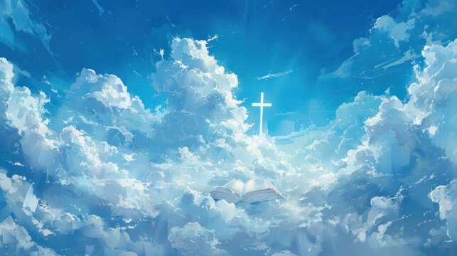 A sky-based illustration of a cross and an open Bible.