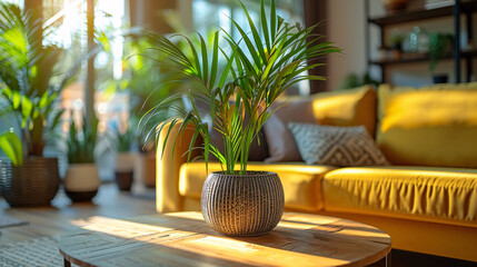 Wall Mural - Stylish living room with a green plant, black lamp, and white sofa, wooden floor