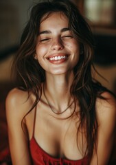 Poster - Portrait of a beautiful woman with freckles smiling