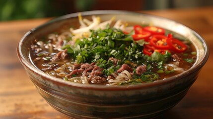 Wall Mural - Get close-up shots of a plate of Vietnamese pho, featuring aromatic broth, tender noodles, and flavorful toppings like beef, bean