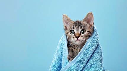 Wall Mural - Cute kitten wrapped in a blue towel after a bath, set against a blue background, highlighting grooming salon services and pet treatment goods