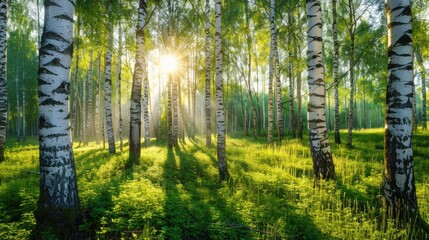 Summer birch forest, beautiful landscape. Birch tree forest