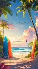 Canvas Print - Tropical beach paradise with surfboards