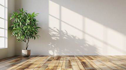 Wall Mural - White living room with a green plant, stylish furniture, and wooden floor, blank wall