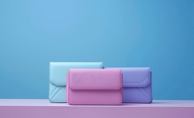 Wall Mural - Photo of three women's handbags and clutch bags on a white table, in pink, purple and turquoise colors, against a pastel blue background, 