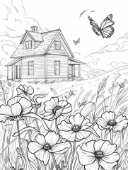 Wall Mural - Coloring pages of cosmos flowers with flying butterfly in garden with house in summer.