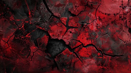 An abstract high-definition image where deep red and black grunge textures merge into a cracked, shattered surface, resembling the destructive aftermath of an earthquake.